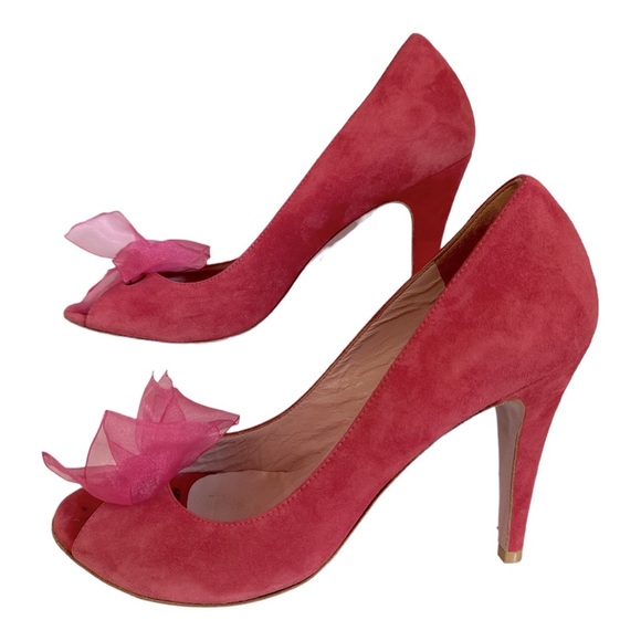 {RED} VALENTINO Pink Suede Open Toe Heels Pumps with Sheer Bow - Picture 2 of 10